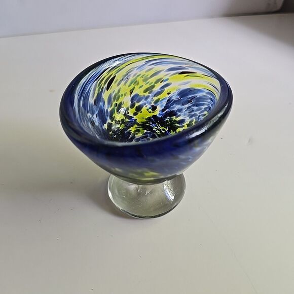 Hand Blown Art Glass Bowl Footed Blue Green Swirl Small 3" - Picture 3 of 9